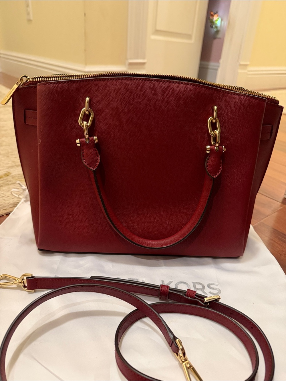 Michael Kors Red Burgundy Saffiano Leather Satchel with Gold Hardware - Picture 6 of 12